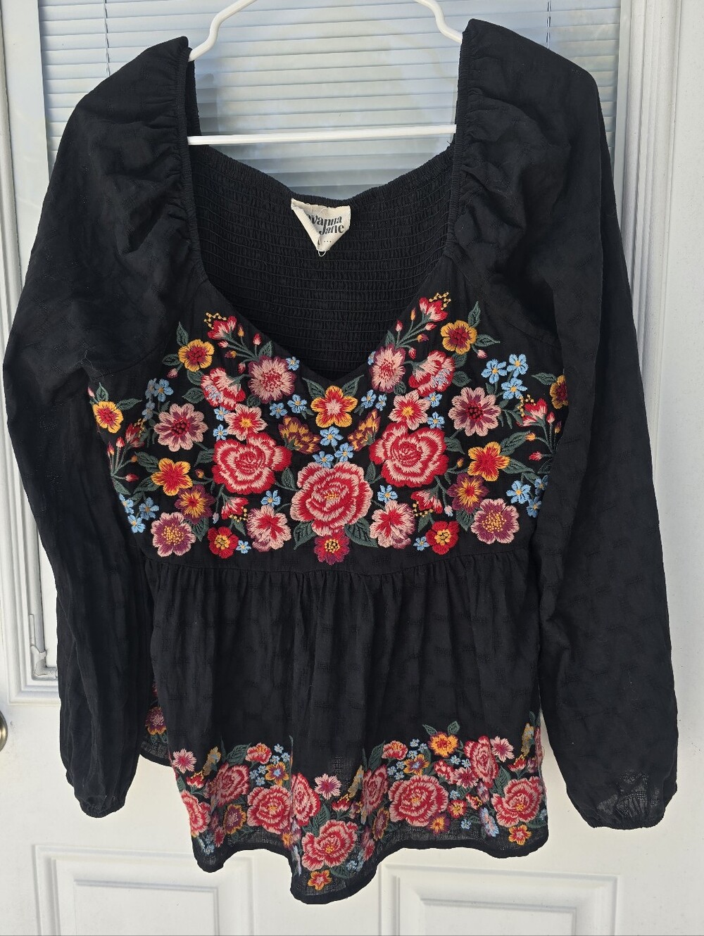 Savanna Jane Black Embroidered Floral Peasant Top - Multicolor